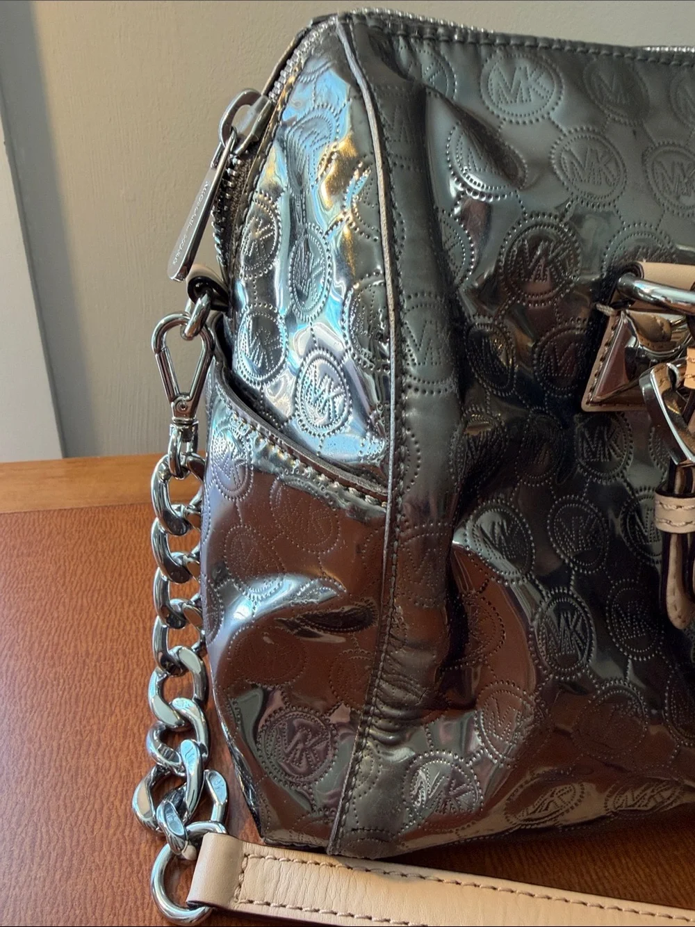 Michael Kors Metallic Silver Satchel with Cream Handles